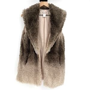 Vintage Y2K Lady Noir Shaggy Faux Fur Ombre Vest Taupe Charcoal Cream Large